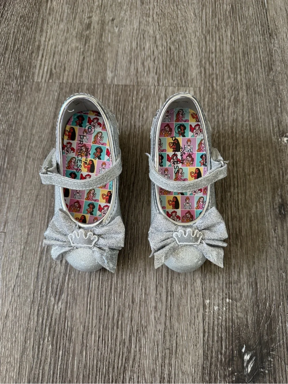 Disney Silver Glitter Mary Jane Shoes with Bow and Crown Accent